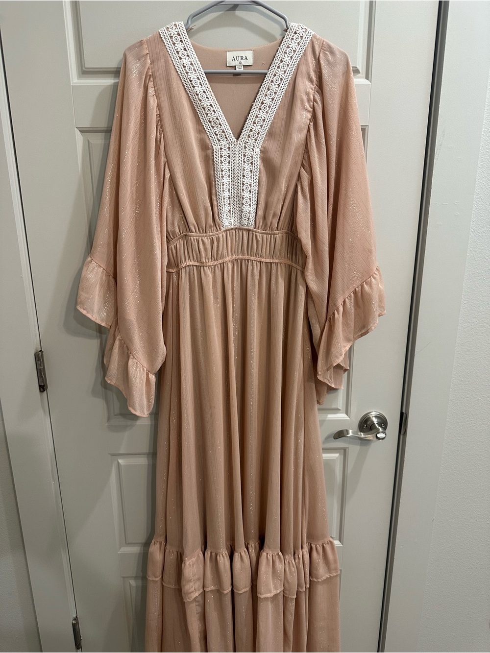 Aura Blush Maxi Dress with Lace V-Neck